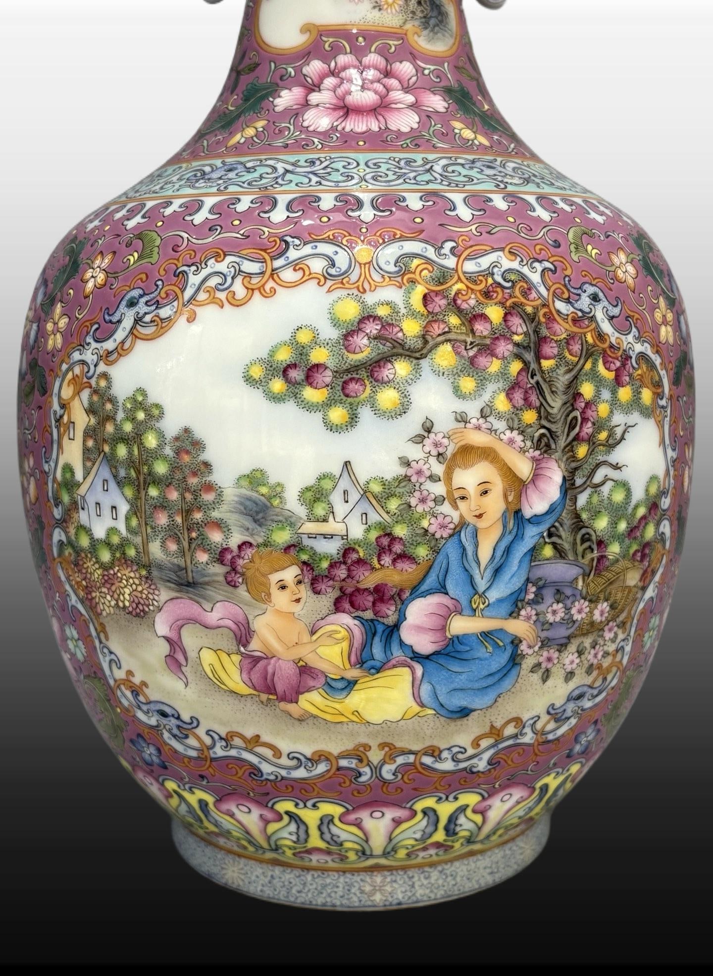 A Exquisite Enamel Ruby Red Figures Pattern Double-Ears Vase - 6