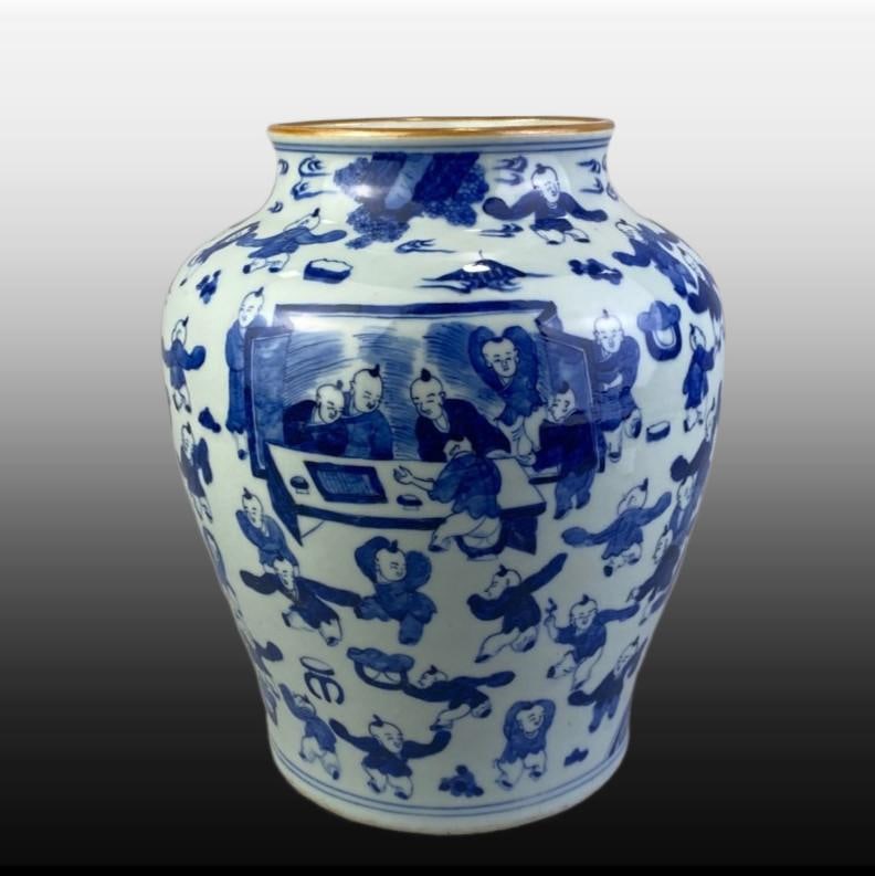 Blue and White Figures Pattern Jar: Blue and White Figures Pattern Jar,Qing Dynasty, China,Size:12.7inx10.7in 青花人物纹罐,中国清代