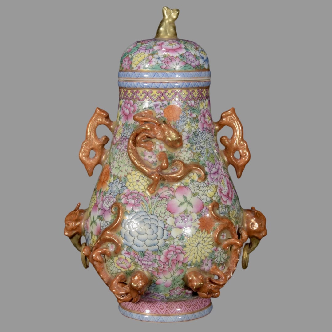 A Exquisite Famille-Rose Flower and Dragon Pattern Jar: A Exquisite Famille-Rose Flower and Dragon Pattern Jar,Qing Dynasty, China,Qianlong Six-character Mark,Size:9.8inx6.7in
