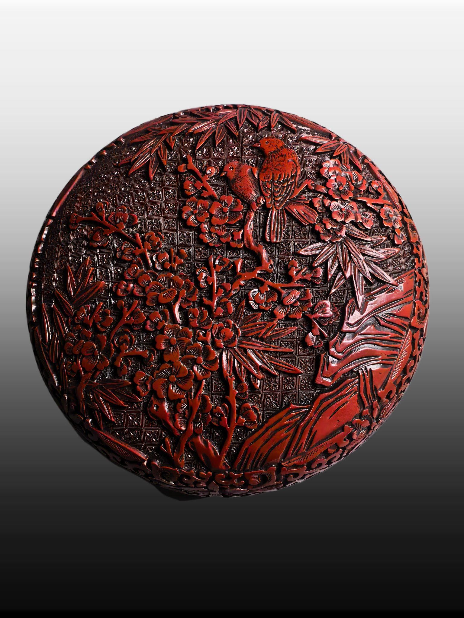 A Exquisite Carved Red Lacquer Flower and Bird Pattern Plate: A Exquisite Carved Red Lacquer Flower and Bird Pattern Plate,Qing Dynasty, China,Qianlong Six-character Mark,Size:10.2inx4.7in,Weight:1700g