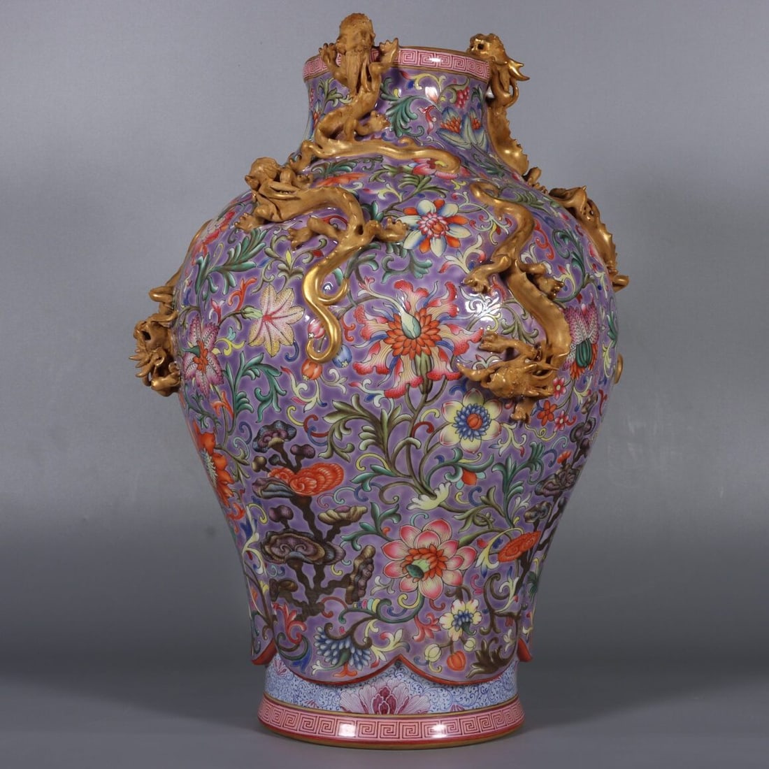 A Exquisite Famille-Rose purple ground Lotus Pattern Dragon Pattern Vase (1 of 9)