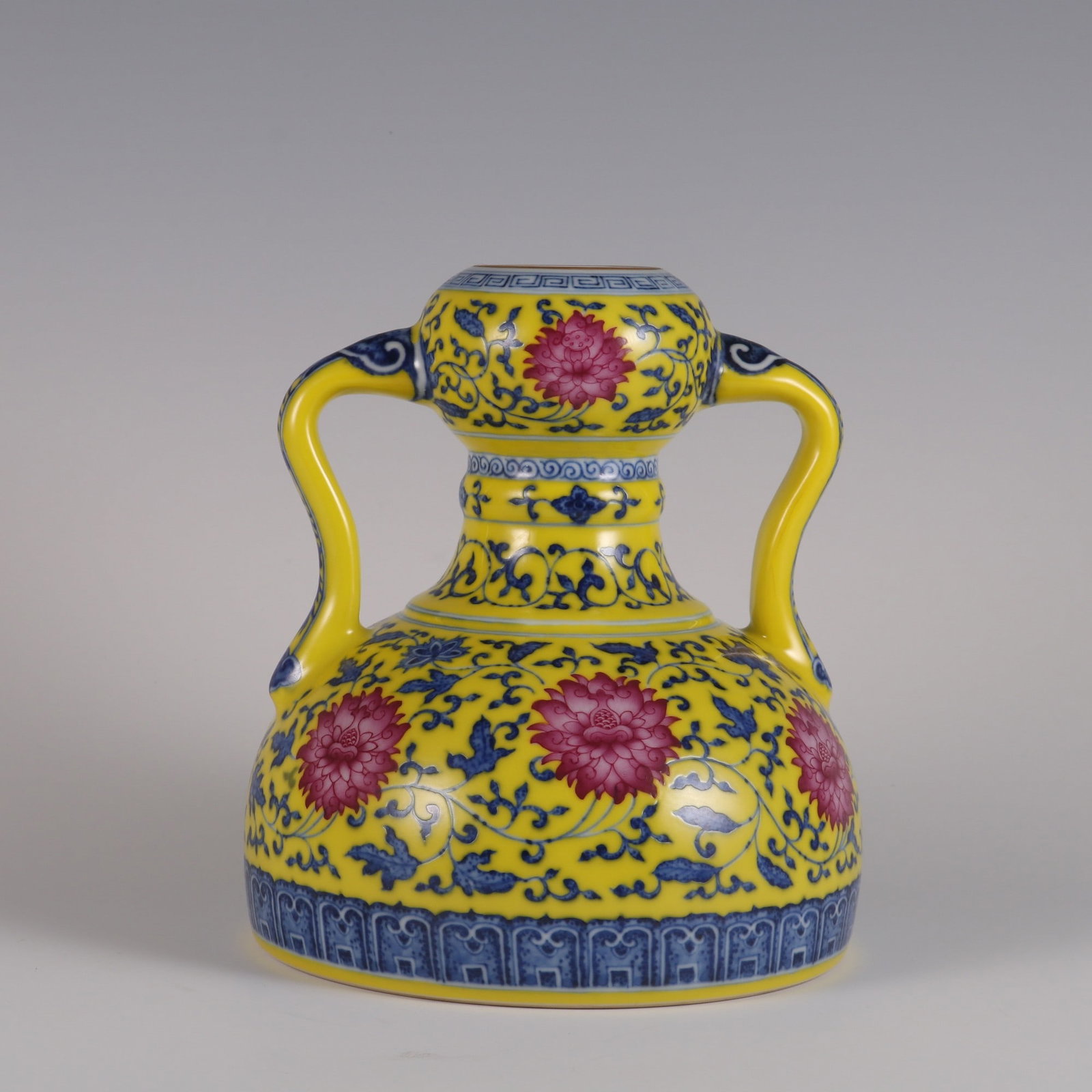 A Exquisite Yellow Glazed Blue and White Ruby Red-Glazed Lotus Pattern Vase: A Exquisite Yellow Glazed Blue and White Ruby Red-Glazed Lotus Pattern Vase,Qing Dynasty, China,Yongzheng Six-character Mark,Size:7.4inx6.5inx2in
