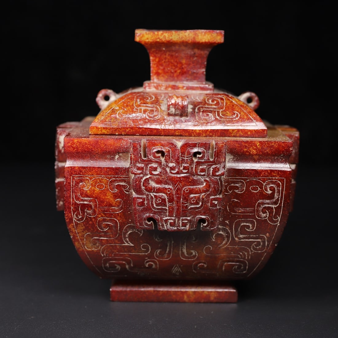 A Exquisite Hotan Jade Beast-Face Pattern Censer: A Exquisite Hotan Jade Beast-Face Pattern Censer,Han Dynasty, China,Size:4.7inx4.7inx5.1in,Weight:847g 和田玉兽面纹炉,中国汉代
