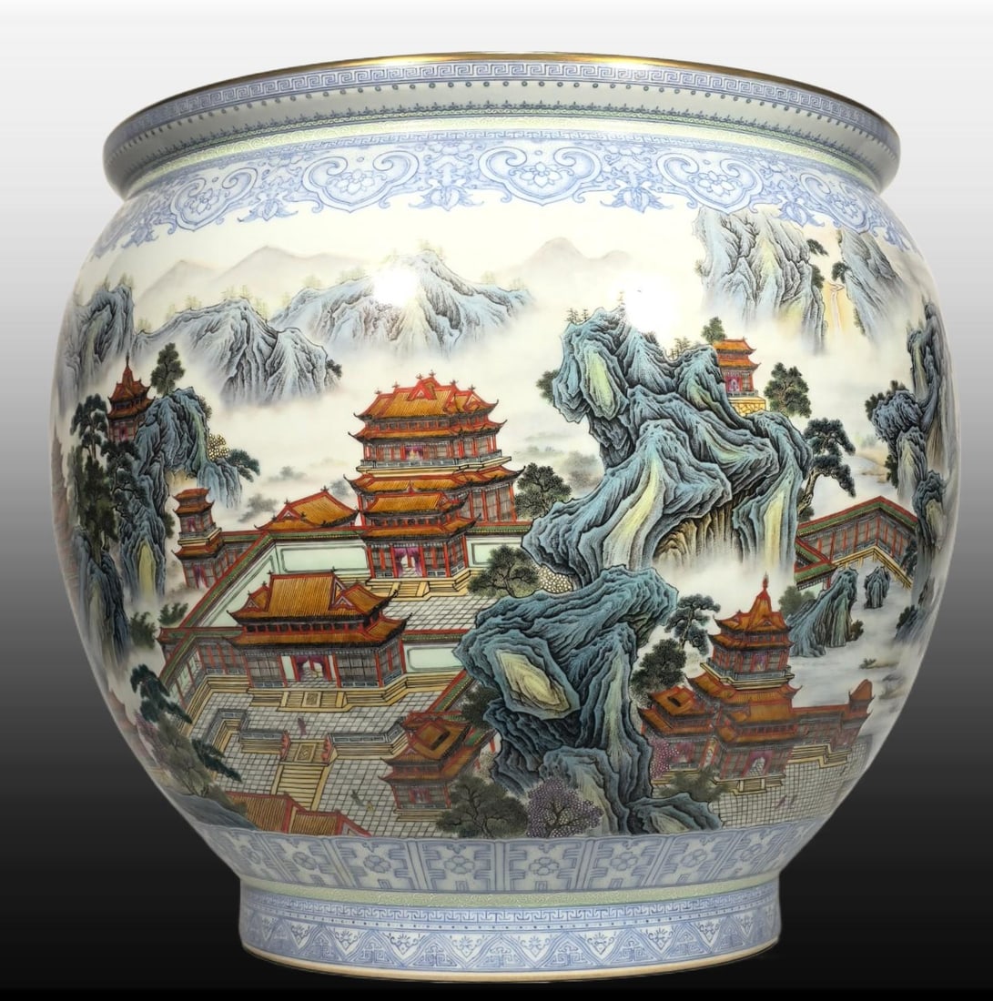 A Exquisite Enamel Landscape Pattern Vat: A Exquisite Enamel Landscape Pattern Vat,Qing Dynasty, China,Qianlong Four-character Mark,Size:16.5inx17.1inx18.1inx11.1in