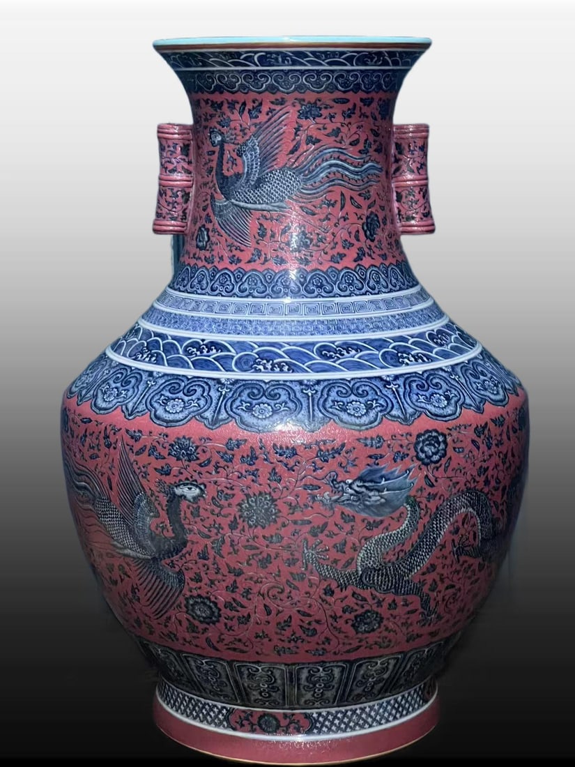 A Exquisite Ruby Red-Glazed Dragon Pattern Vase: A Exquisite Ruby Red-Glazed Dragon Pattern Vase,Qing Dynasty, China,Qianlong Six-character Mark,Size:30.9inx12.1inx13.4in 胭脂红龙纹瓶,中国清É