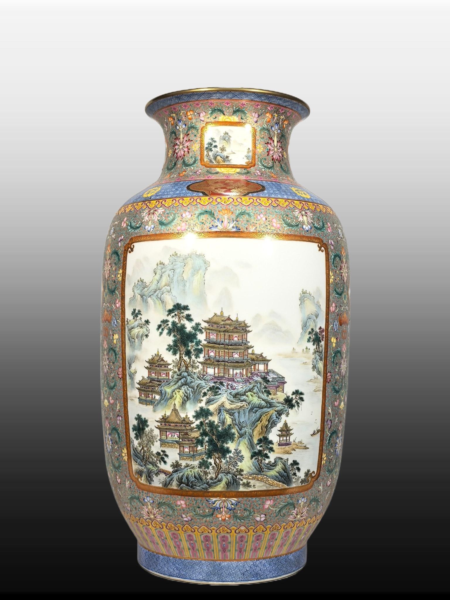 A Exquisite Enamel Gold Ground Landscape Pattern Vase: A Exquisite Enamel Gold Ground Landscape Pattern Vase,Qing Dynasty, China,Qianlong Six-character Mark,Size:22.8inx8.7inx15inx8.5in 珐琅彩金地山水纹ī