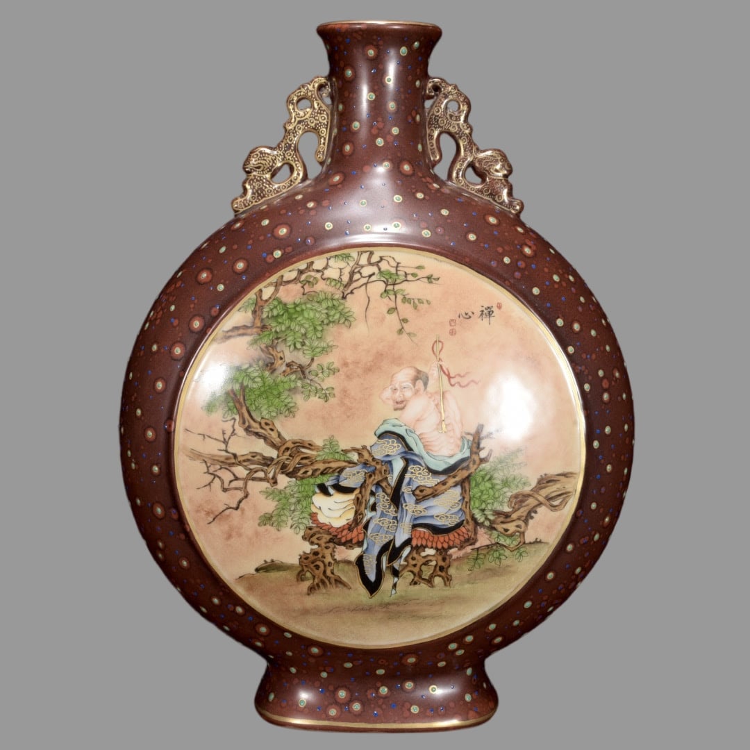 A Exquisite Bronze Color Painted Gold Arhat Vase: A Exquisite Bronze Color Painted Gold Arhat Vase,Qing Dynasty, China,Yongzheng Six-character Mark,Size:15.4inx11.4in 古铜彩描金罗汉纹瓶,中&#