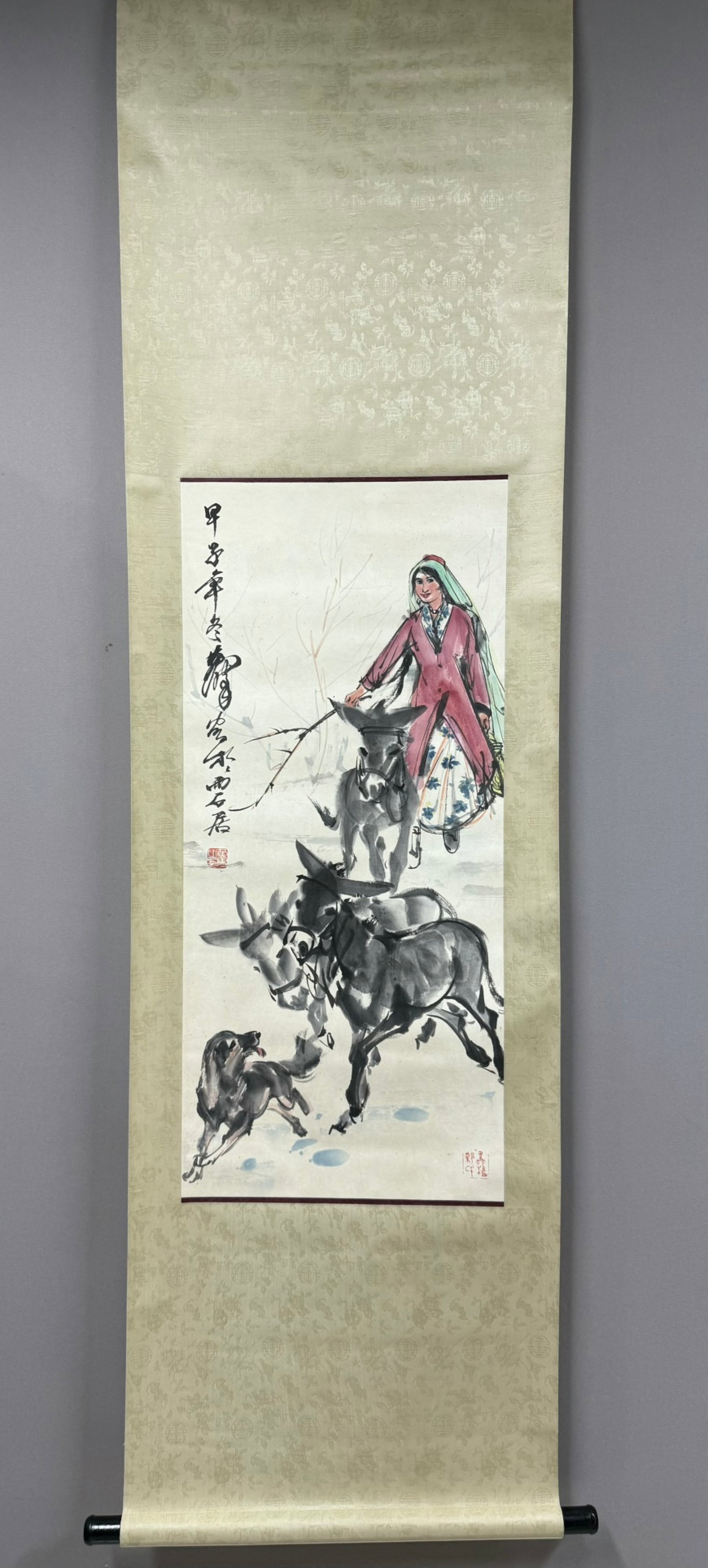 A Chinese Vertical Scroll Ink Painting of Figure and Donkey on Paper,Huang Zhou (1 of 8)