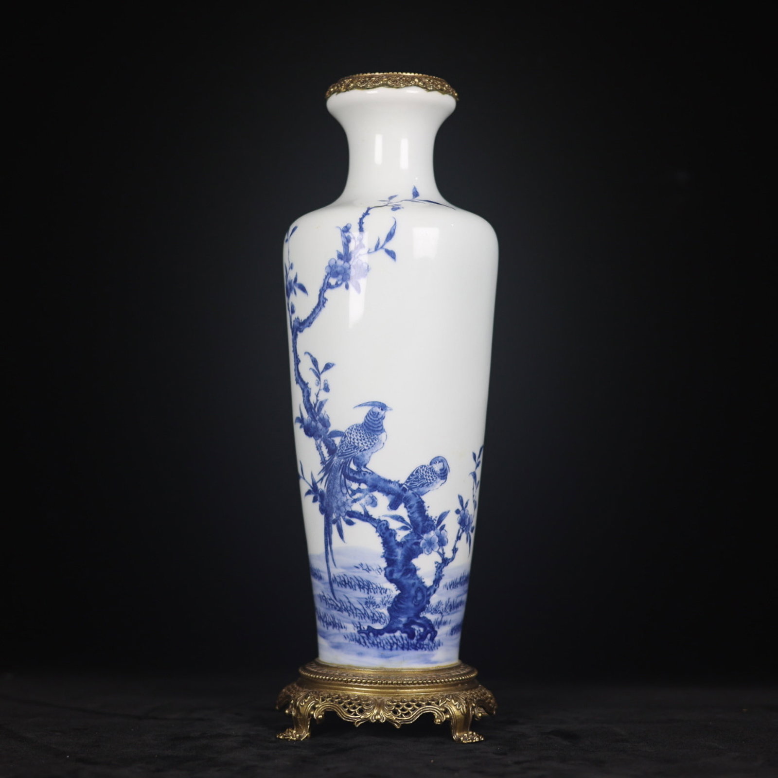 A Rare Blue and White Inlaid Bronze Flower and Bird Pattern Vase,with poem: A Rare Blue and White Inlaid Bronze Flower and Bird Pattern Vase,with poem,Qing Dynasty,China,With Mark,Size:14.2inx3inx4.5inx4.7in 青花镶铜花鸟纹瓶,