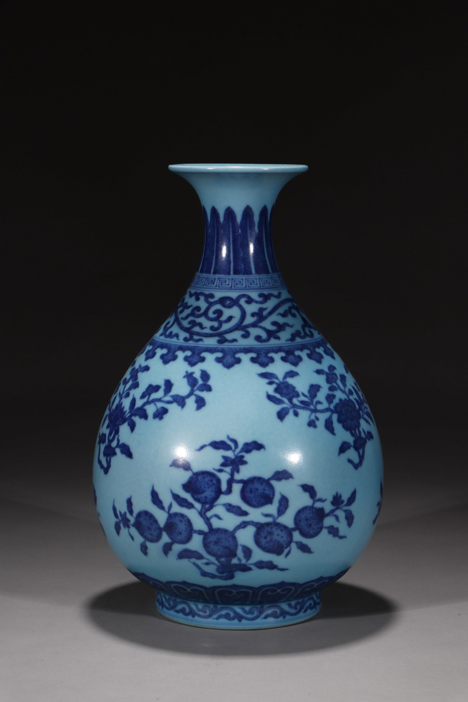 An Exquisite Blue and White Green Ground Flower and Fruit Pattern Vase: An Exquisite Blue and White Green Ground Flower and Fruit Pattern Vase,Qing Dynasty,China,Yongzheng Six-character Mark,Size:11.6in