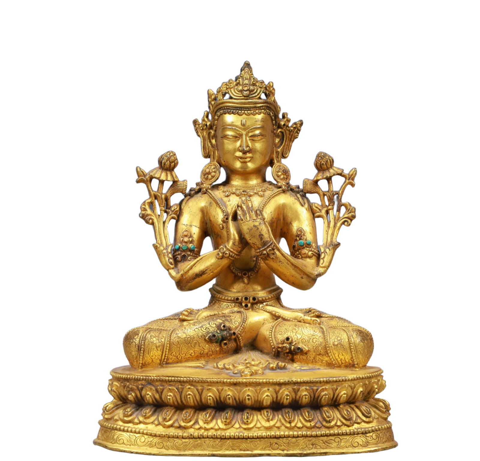 A Solemn Gilt Bronze Inlaid Gems White Statue of Tara: A Solemn Gilt Bronze Inlaid Gems White Statue of Tara,Ming Dynasty, China,Size:7.3inx0.6inx9.6in Weight:2750g 铜鎏金嵌宝石白度母,中国&