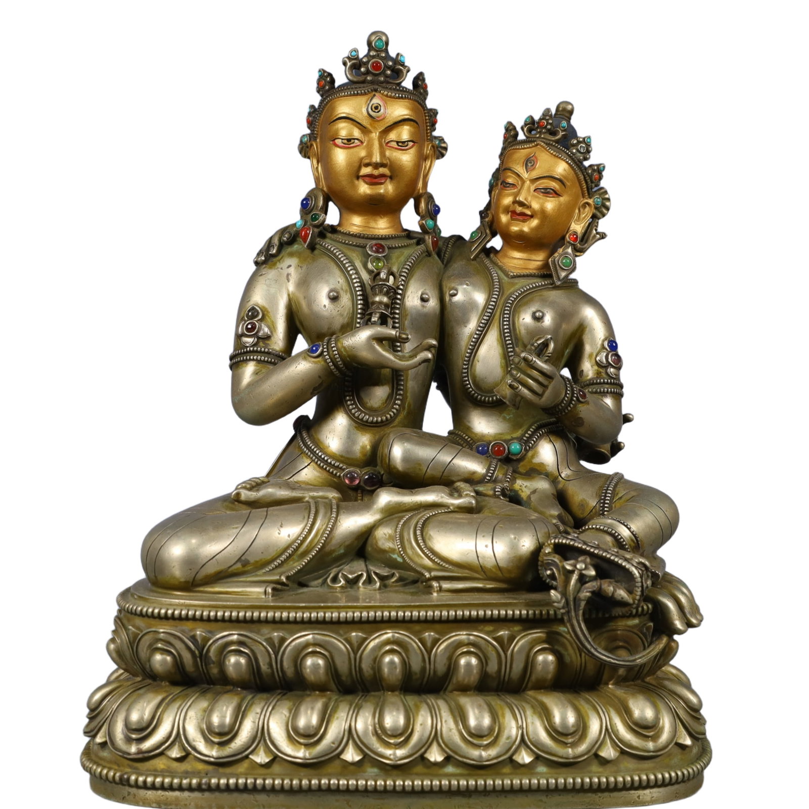 A Solemn Bronze Inlaid Gold and Silver Buddha Statue,Inlaid Gems and Turquoise: A Solemn Bronze Inlaid Gold and Silver Buddha Statue,Inlaid Gems and Turquoise,Qing Dynasty, China,Size:9.1inx6.3inx11.8in,Weight:6900g 铜嵌金银佛像,嵌宝