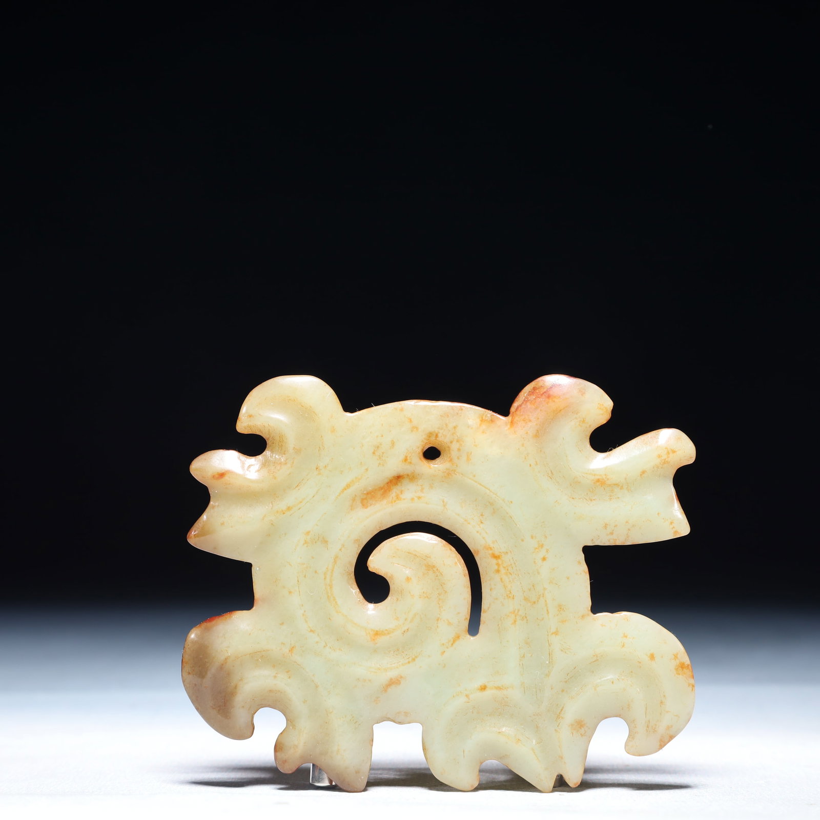An Archaic Hongshan Culture White Jade Auspicious Cloud Pattern Pendant: An Archaic Hongshan Culture White Jade Auspicious Cloud Pattern Pendant,Ancient Time,China,Size:4.9inx1.6in,Weight:1.24g