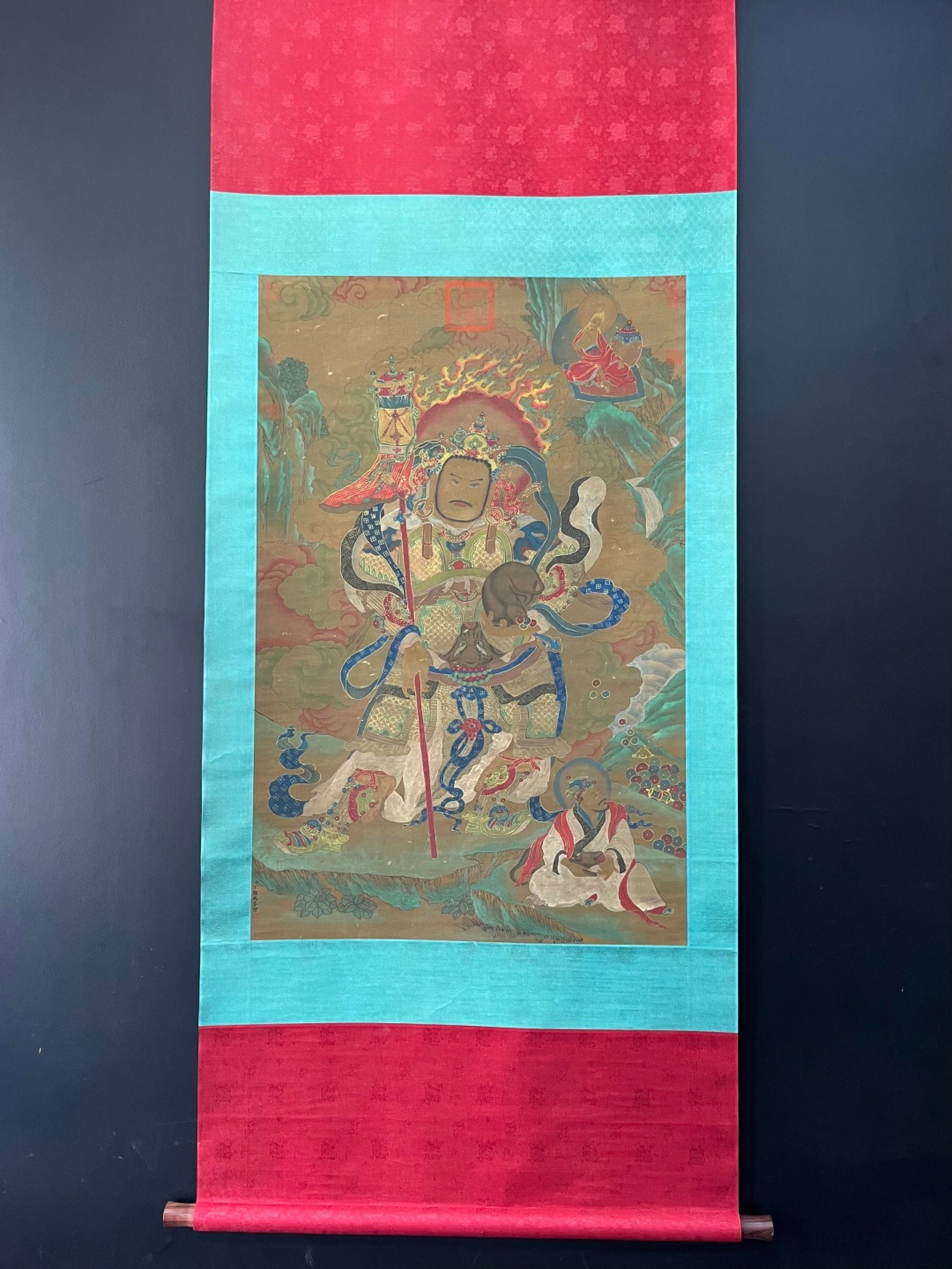 A Chinese Vertical Scroll Ink Painting of Statue of Heavenly King on Silk,Ding Guanpeng: A Chinese Vertical Scroll Ink Painting of Statue of Heavenly King on Silk,Ding Guanpeng,Size:(Without frame)26.4inx41.3in