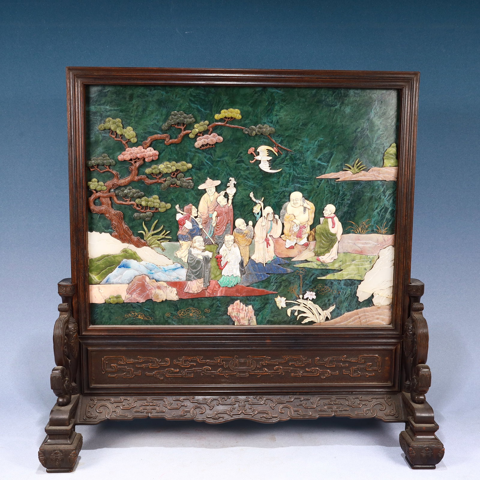 A Huge ZitanwoodInlaid Jasper Landscape and Figure Pattern Table Screen,Inlaid Gems: A Huge ZitanwoodInlaid Jasper Landscape and Figure Pattern Table Screen,Inlaid Gems,Qing Dynasty, China,Size:22inx8.7inx21.7in,Weight:8150g 紫檀木镶碧玉山