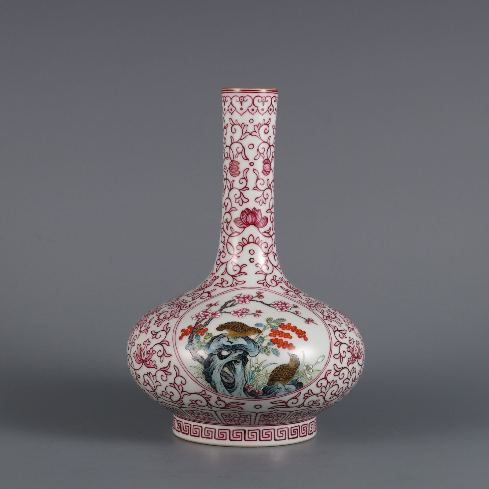 An Exquisite Ruby Red-Glazed Enamel Flower and Bird Pattern Vase: An Exquisite Ruby Red-Glazed Enamel Flower and Bird Pattern Vase,Qing Dynasty,China,Qianlong Four-character Mark,Size:8.1inx5.5in 胭脂红珐琅彩花鸟ಬ