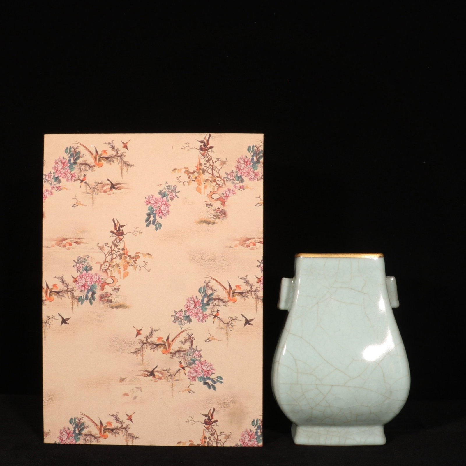 An Exquisite Guan yao Celadon Glazed Double-Ears Vase,with an Imperial Poem by Emperor Qianlong: An Exquisite Guan yao Celadon Glazed Double-Ears Vase,with an Imperial Poem by Emperor Qianlong,Song Dynasty,China,Size:8.3inx5.7in