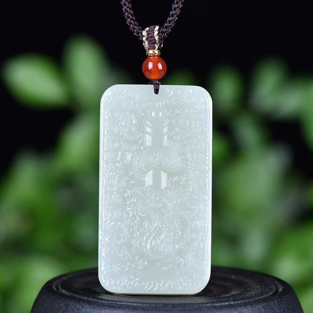 An Exquisite White Jade Dragon Pattern Pendant: An Exquisite White Jade Dragon Pattern Pendant,Size:1.1inx2.1in 白玉龙纹挂件