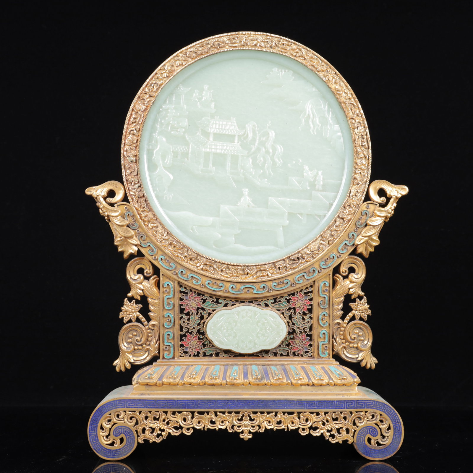 An Exquisite Gilt Bronze Inlaid White Jade Landscape and Figure Pattern Table Screen,with an: An Exquisite Gilt Bronze Inlaid White Jade Landscape and Figure Pattern Table Screen,with an Imperial Poem by Emperor Qianlong,Qing Dynasty, China,Size:13inx9.1inx3.1in,Weight:2350g 铜鎏&#