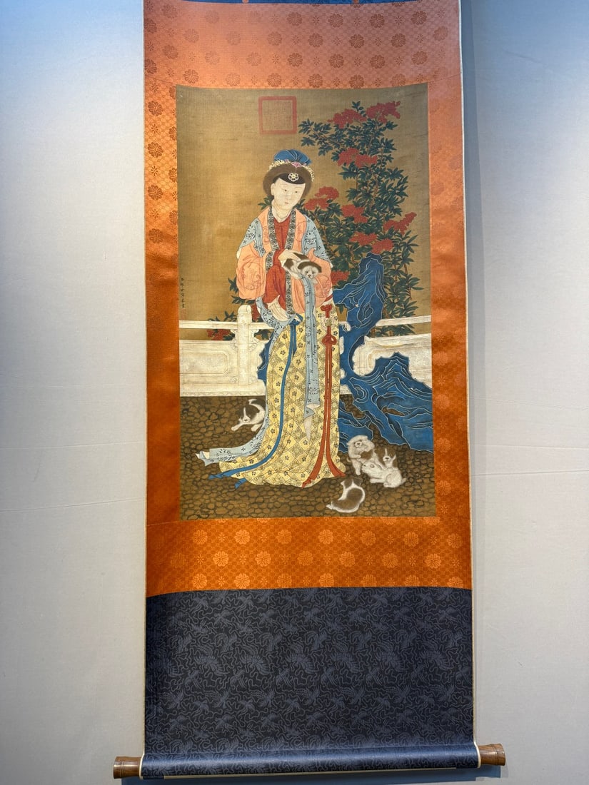 A Chinese Vertical Scroll Ink Painting of Woman on Silk,Lang Shining: A Chinese Vertical Scroll Ink Painting of Woman on Silk,Lang Shining,Size:(Without frame)33.9inx19.7in 一幅中国水墨绢本仕女图立&