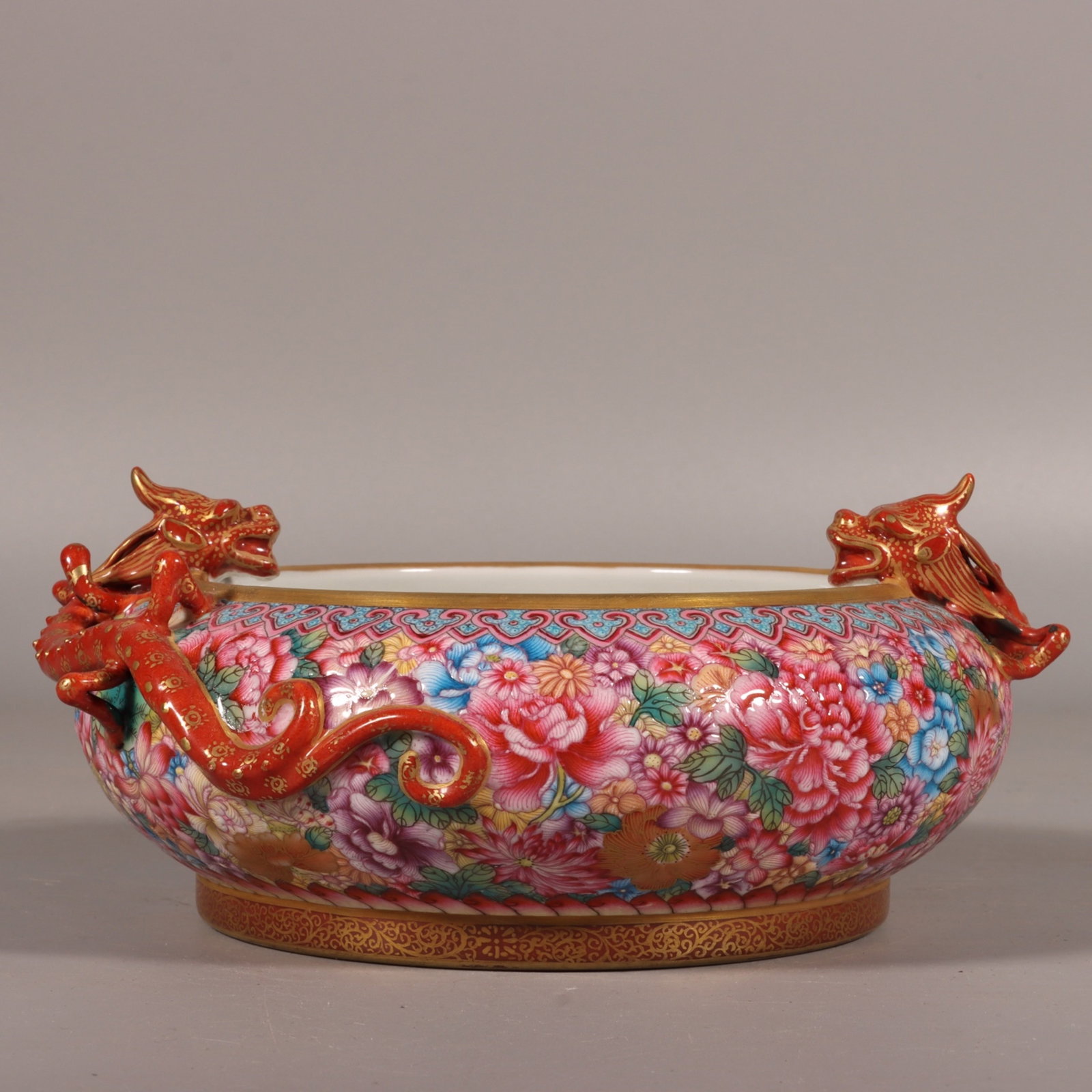 An Exquisite Enamel Flower Pattern Dragon-Ears Brush Washer: An Exquisite Enamel Flower Pattern Dragon-Ears Brush Washer,Qing Dynasty,China,Yongzheng Four-character Mark,Size:2.8inx6.3in 珐琅彩花卉纹龙耳笔&#