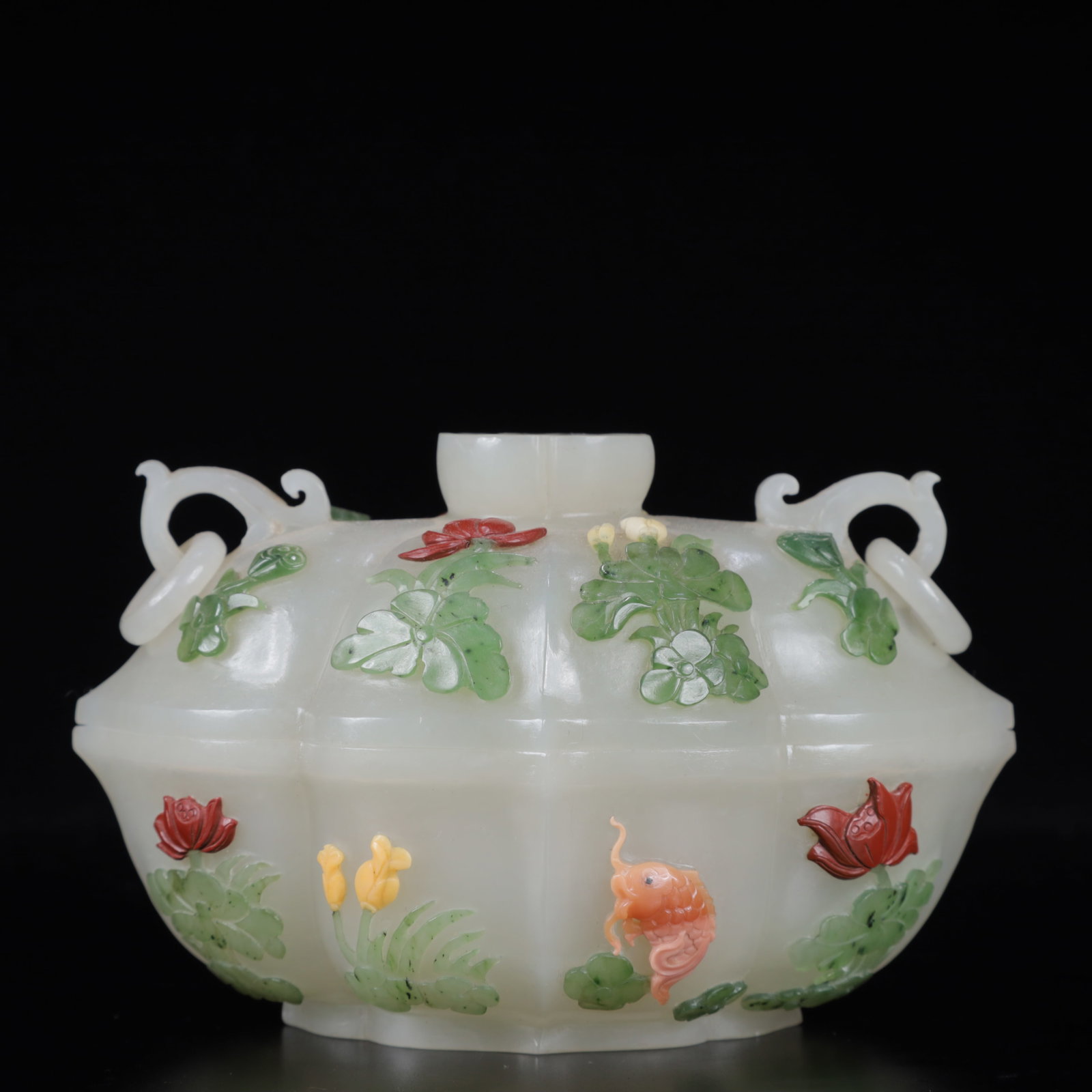 An Exquisite White Jade Inlaid Gems Flower and Fish Pattern Double-Ears Jar: An Exquisite White Jade Inlaid Gems Flower and Fish Pattern Double-Ears Jar,Qing Dynasty, China,Qianlong Four-character Mark,Size:5.1inx3.5inx3.1in,Weight:350g 白玉嵌百宝