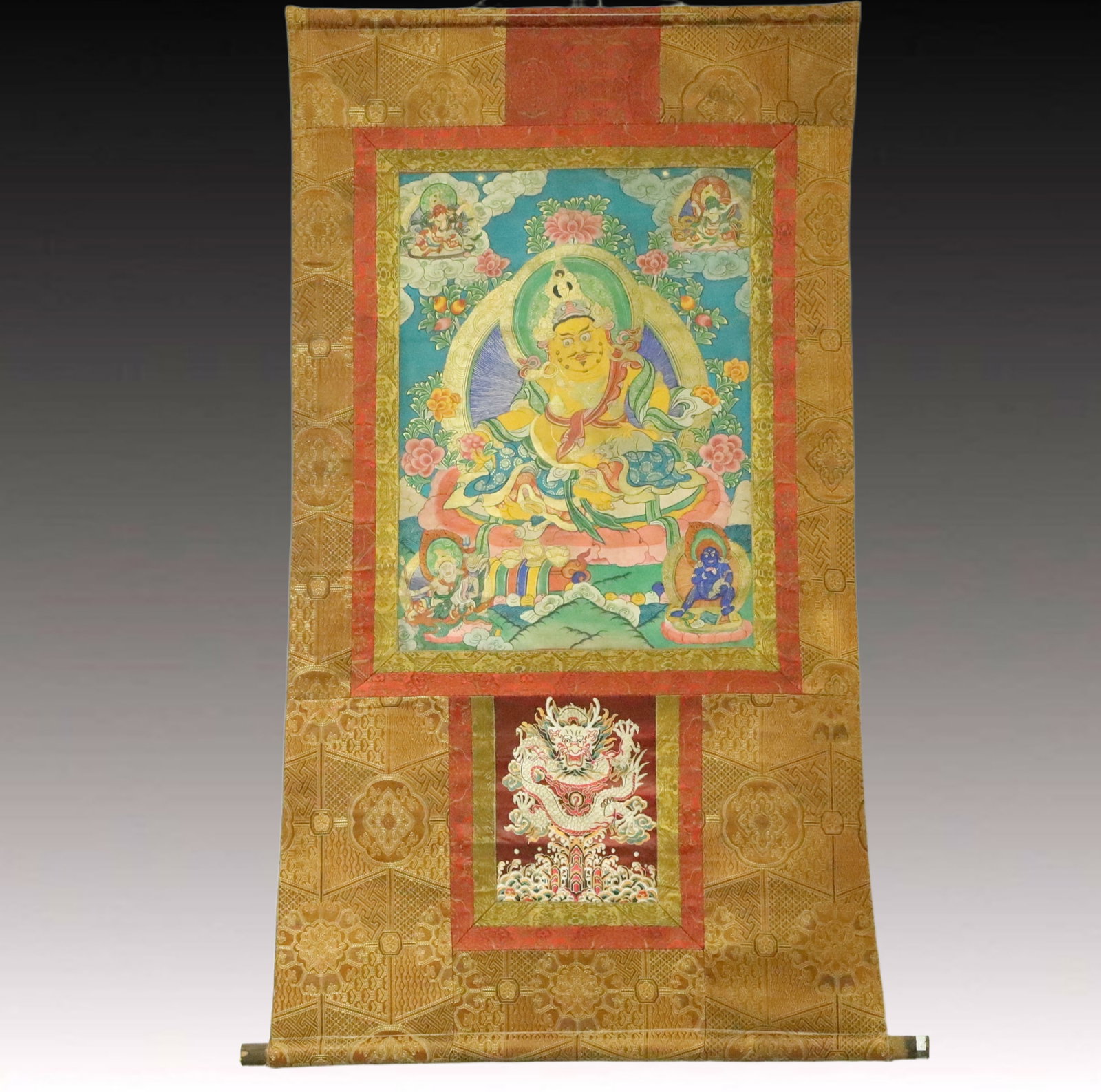 A Rare Brocade Painted Color Statue of Mammon Tangka: A Rare Brocade Painted Color Statue of Mammon Tangka,Qing Dynasty, China,Size:32.3inx56.3in 织锦彩绘财神像唐卡,中国清代