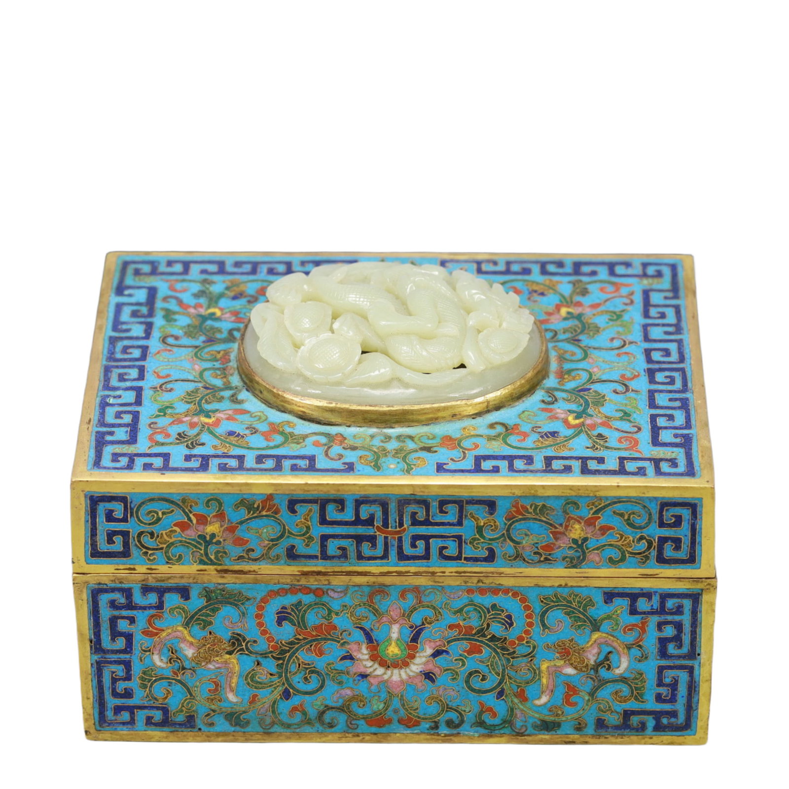 An Exquisite Cloisonne Lotus and Bats Pattern Cover Box,Inlaid White Jade: An Exquisite Cloisonne Lotus and Bats Pattern Cover Box,Inlaid White Jade,Qing Dynasty,China,Qianlong Four-character Mark,Size:6.5inx4.7inx3.1in,Weight:1800g 景泰蓝缠枝&#