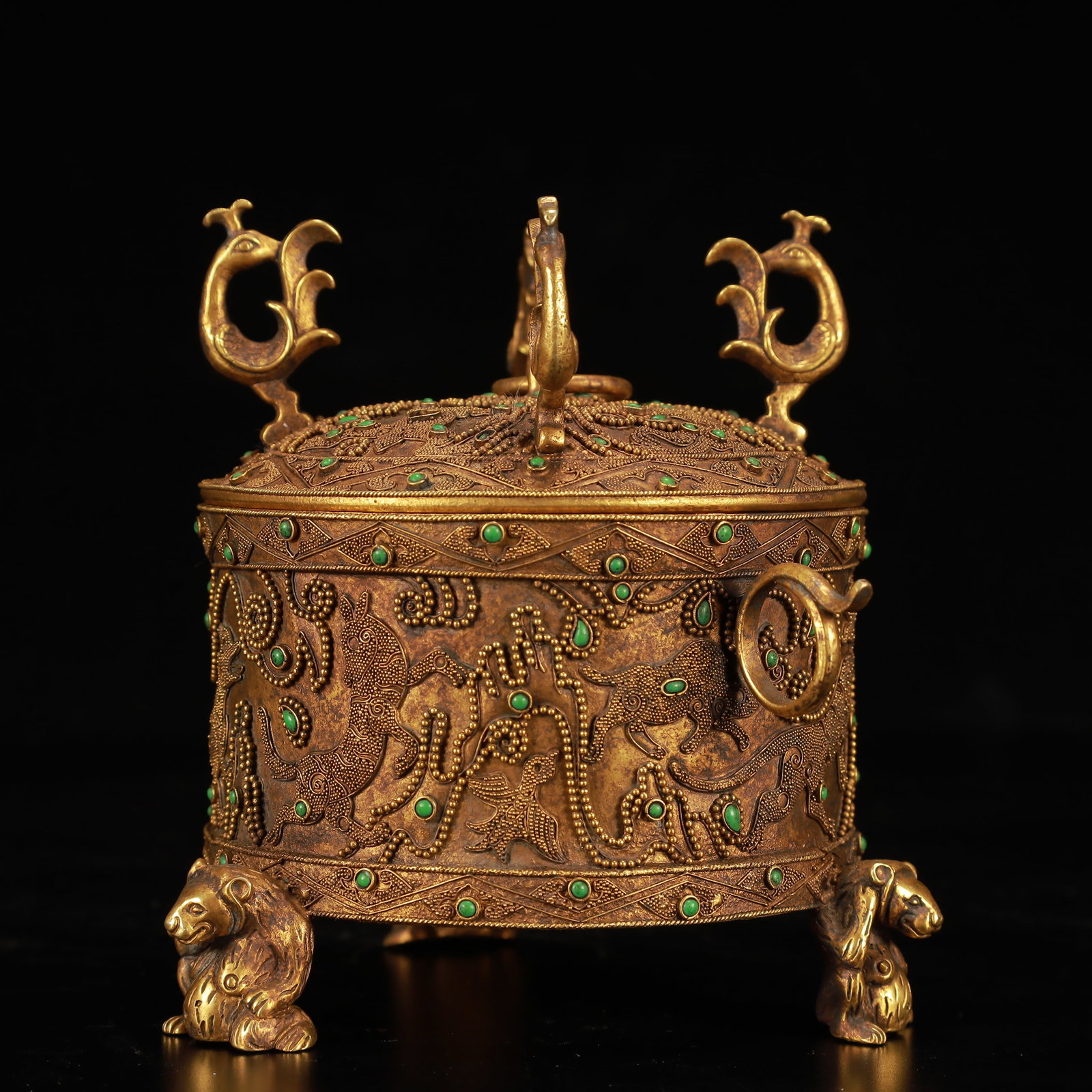 An Exquisite Gilt Bronze Auspicious Beast Pattern Double-Ears and Tripod Censer,Inlaid Gems: An Exquisite Gilt Bronze Auspicious Beast Pattern Double-Ears and Tripod Censer,Inlaid Gems,Qing Dynasty, China,Size:4.3inx5.1in,Weight:550g 铜鎏金瑞兽纹双