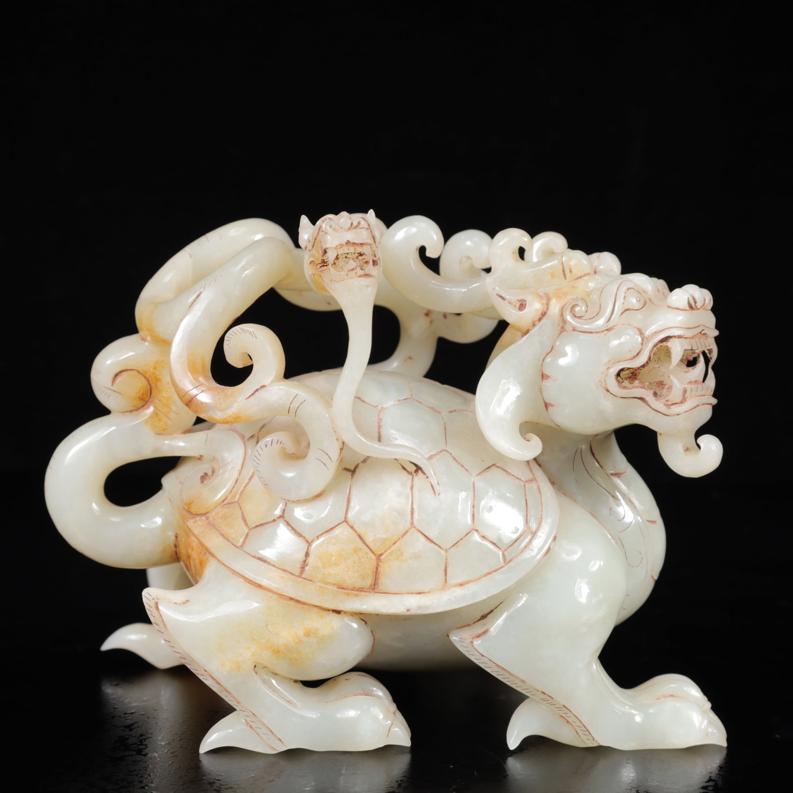An Exquisite White Jade Dragon and Turtle Ornament: An Exquisite White Jade Dragon and Turtle Ornament,Qing Dynasty,China,Size:6.3inx4.7inx4.9in,Weight:1750g 白玉龙龟摆件,中国清代