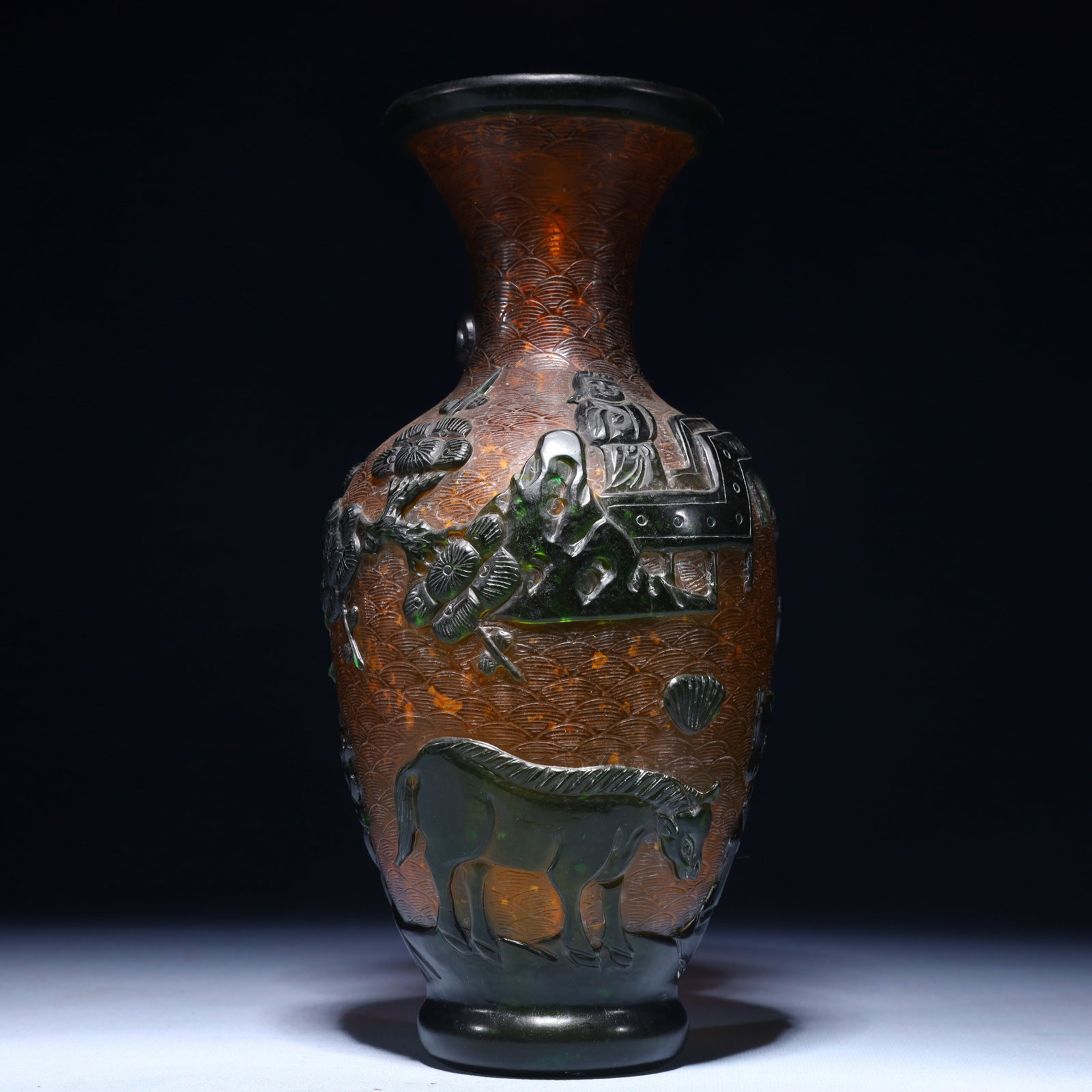 An Exquisite Glass Animal Pattern Vase: An Exquisite Glass Animal Pattern Vase,Qing Dynasty,China,Qianlong Four-character Mark,Size:4.7inx10.2in,Weight:1100g 琉璃动物纹瓶,中国清代,