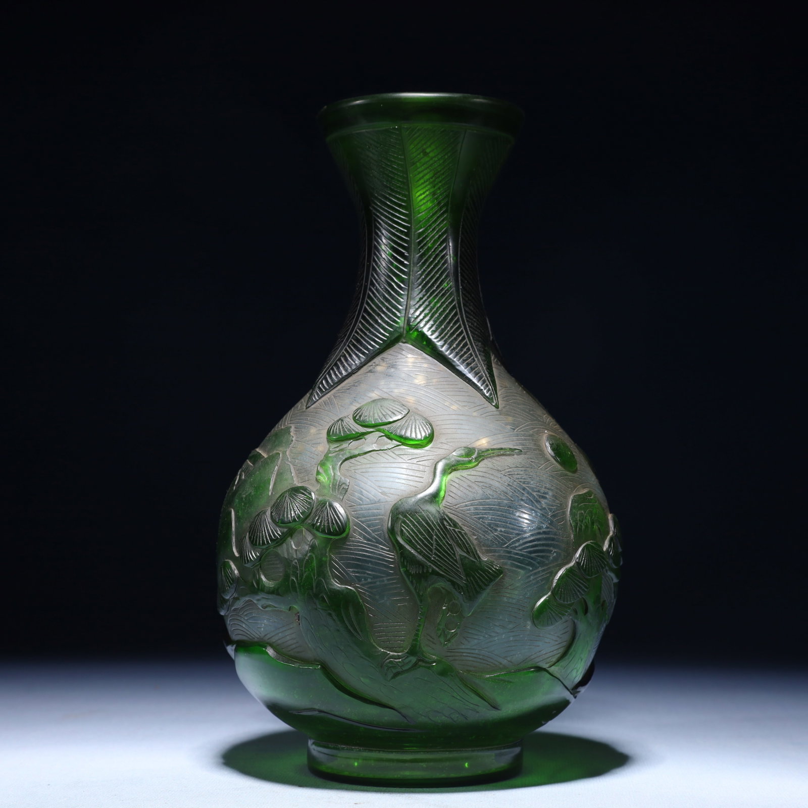 An Exquisite Glass Landscape Pattern Vase: An Exquisite Glass Landscape Pattern Vase,Qing Dynasty,China,Qianlong Four-character Mark,Size:5.5inx9.4in,Weight:1050g 琉璃山水纹瓶,中国清代