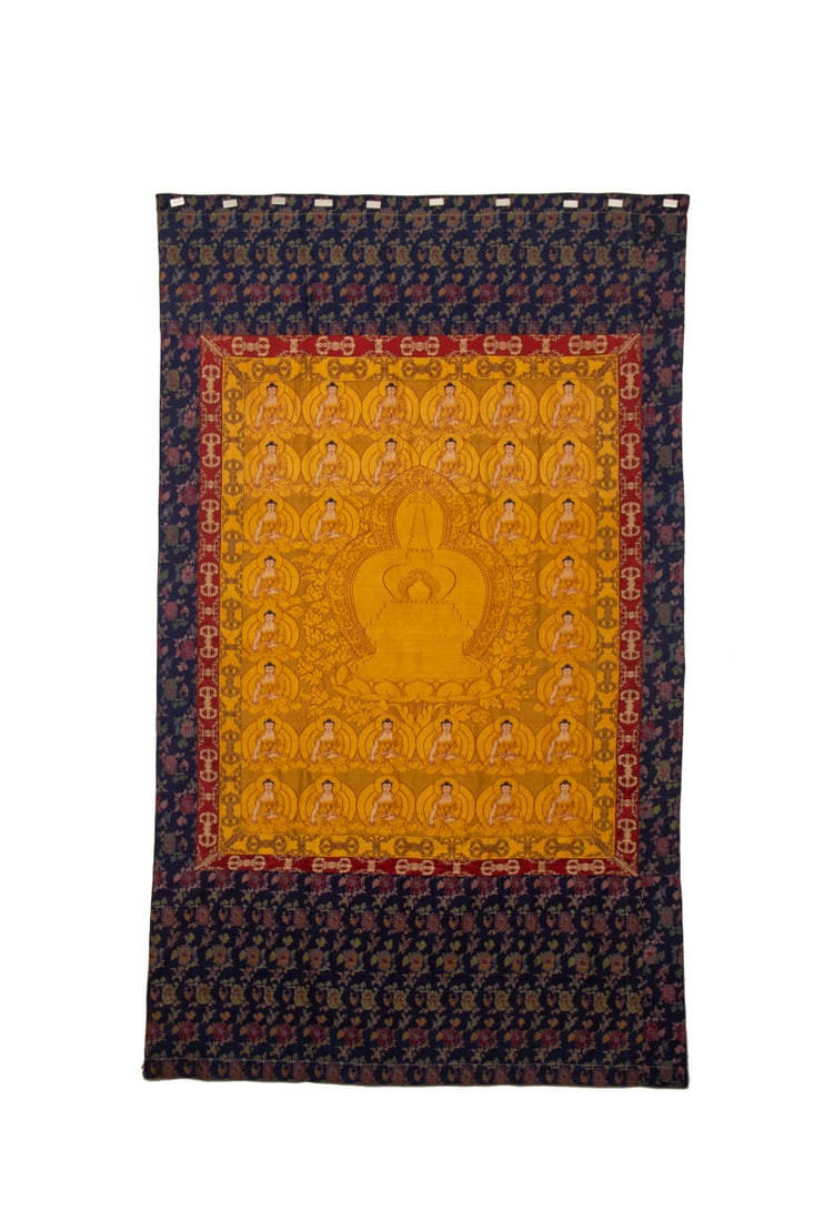An Exquisite Brocade Painted Color Statue of Sakyamuni Tangka: An Exquisite Brocade Painted Color Statue of Sakyamuni Tangka,Ming Dynasty,China,Size:94.5inx56.3in 云锦彩绘释迦摩尼像唐卡,中
