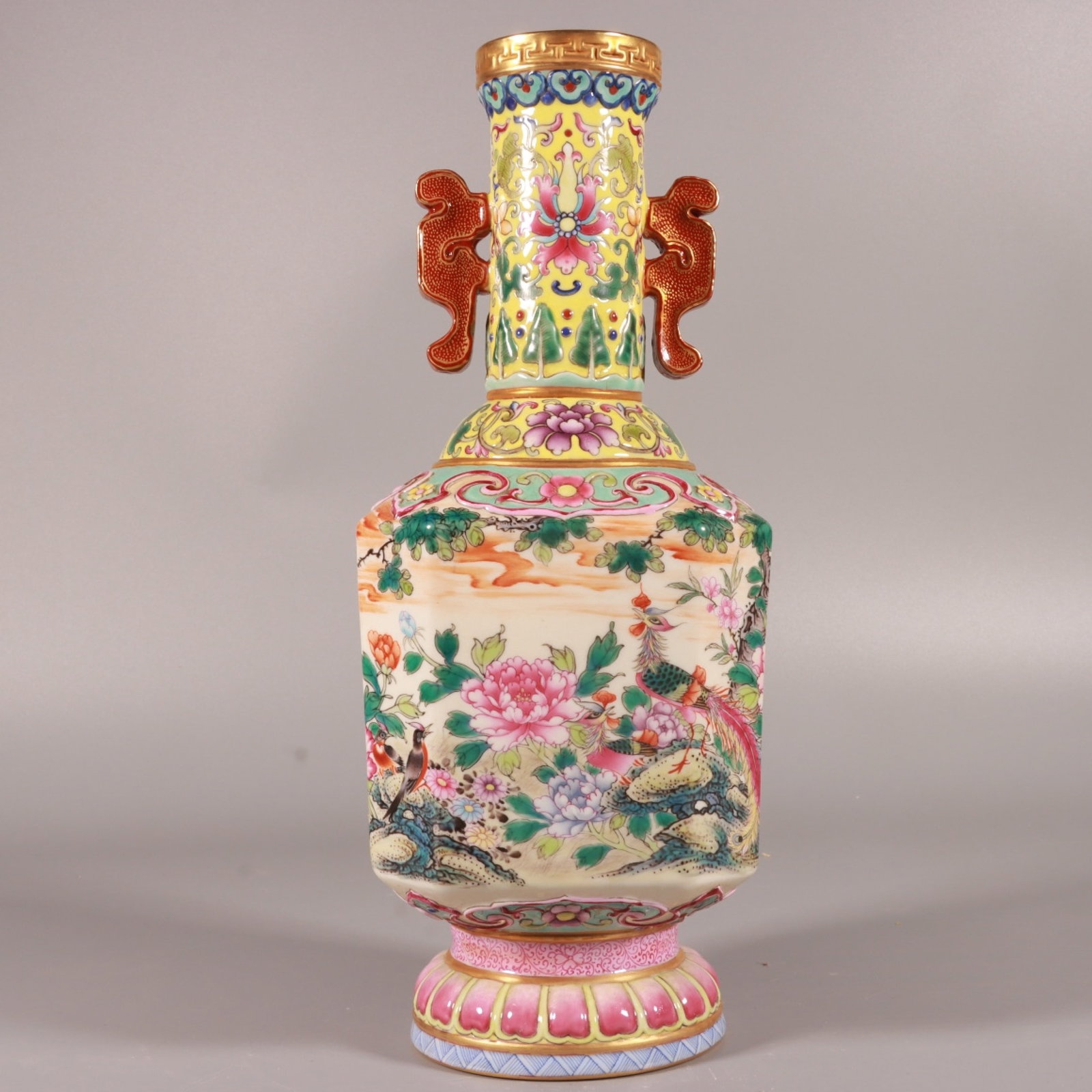 An Exquisite Yellow Ground Enamel Flower and Phoenix Pattern Double-Ears Vase,with poem: An Exquisite Yellow Ground Enamel Flower and Phoenix Pattern Double-Ears Vase,with poem,Qing Dynasty,China,Qianlong Six-character Mark,Size:9.8inx3.7in 黄地珐琅彩花