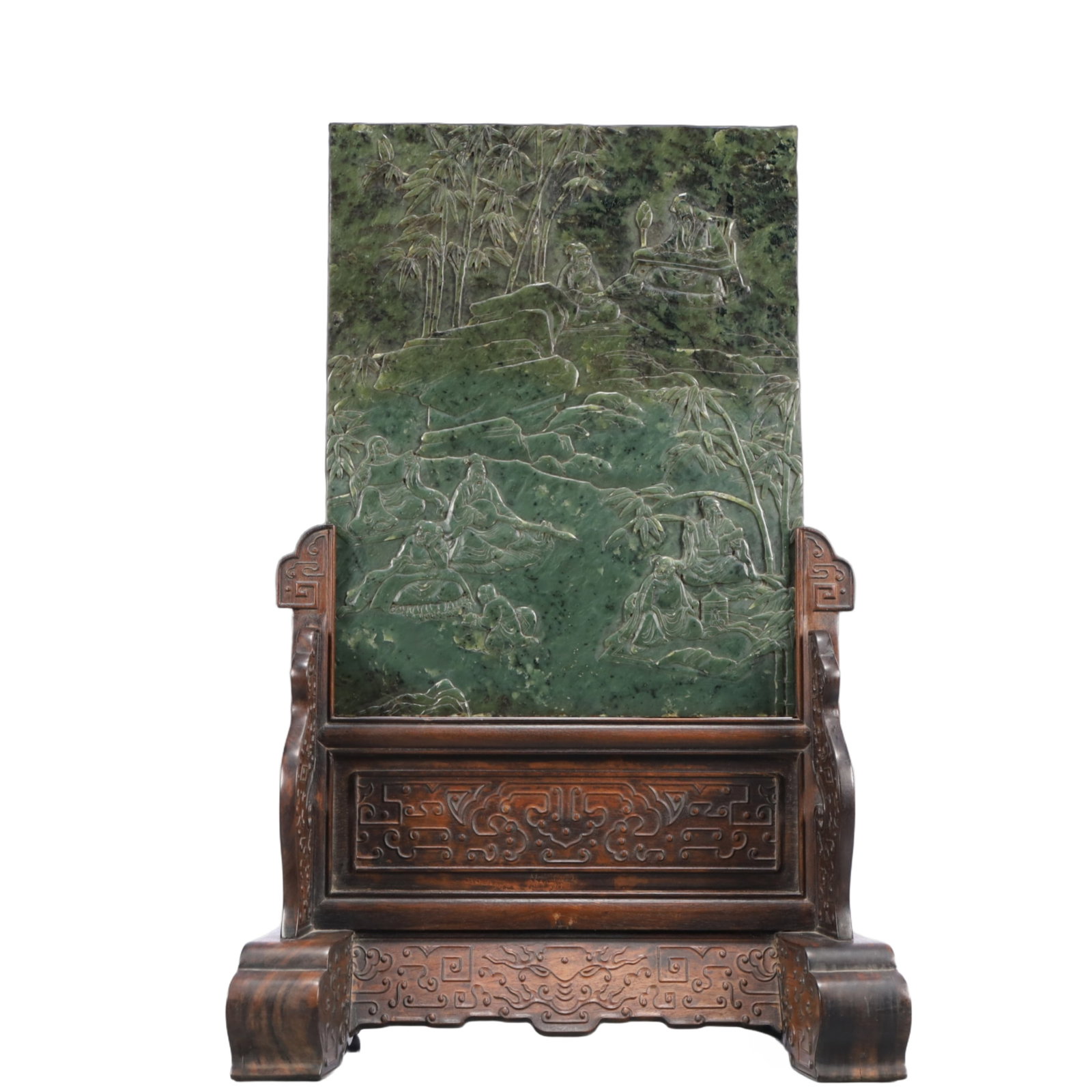 A Rare Zitanwood Inlaid Jasper Painted Gold Landscape and Figure Pattern Table Screen (1 of 11)