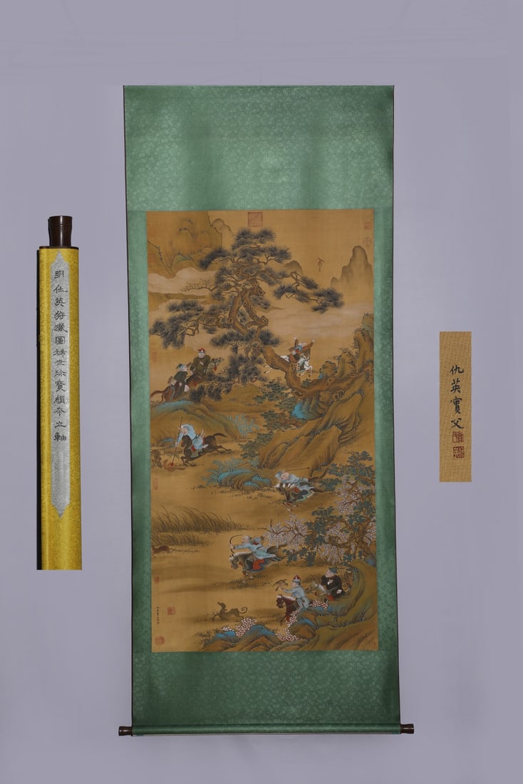 A Chinese Vertical Scroll Ink Painting of Hunting on Silk,Chou Ying: A Chinese Vertical Scroll Ink Painting of Hunting on Silk,Chou Ying,Size:(Without frame)65.4inx35.4in 一幅中国水墨绢本狩猎图立&#