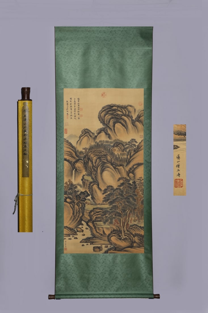 A Chinese Vertical Scroll Ink Painting of Landscape and Figure on Silk,Shi Tao: A Chinese Vertical Scroll Ink Painting of Landscape and Figure on Silk,Shi Tao,Size:(Without frame)54.3inx26.8in 一幅中国水墨绢本山水人