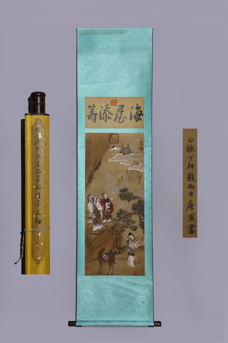 A Chinese Vertical Scroll Ink Painting of Character and Story on Silk,Tang Yin: A Chinese Vertical Scroll Ink Painting of Character and Story on Silk,Tang Yin,Size:(Without frame)40.2inx16.9in 一幅中国水墨绢本人物故