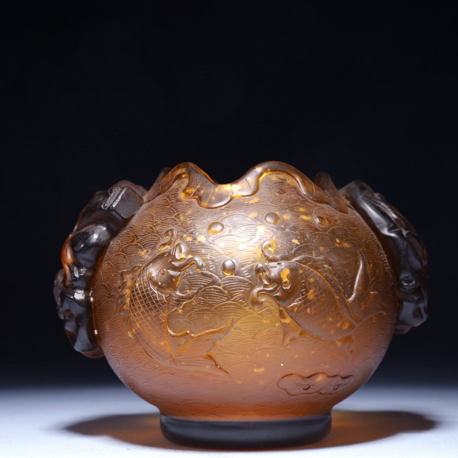 An Exquisite Glass Fish Pattern Double-Ears Jar: An Exquisite Glass Fish Pattern Double-Ears Jar,Qing Dynasty,China,Qianlong Four-character Mark,Size:5.9inx4.5inx4.3in,Weight:600g 琉璃鱼纹双耳罐,中