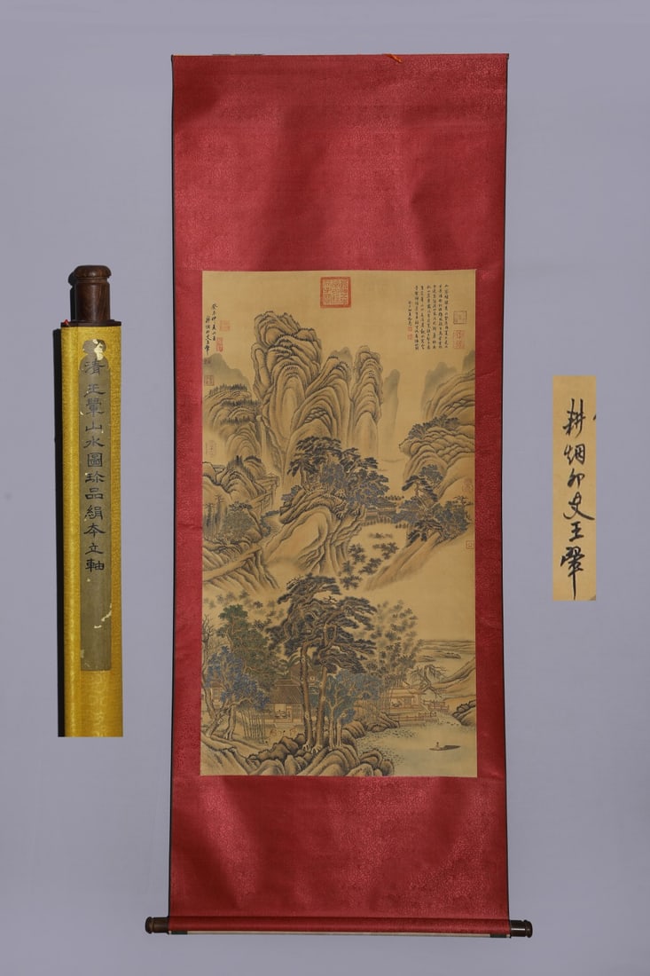 A Chinese Vertical Scroll Ink Painting of Landscape and Figure on Silk,Wang Hui: A Chinese Vertical Scroll Ink Painting of Landscape and Figure on Silk,Wang Hui,Size:(Without frame)48inx26in