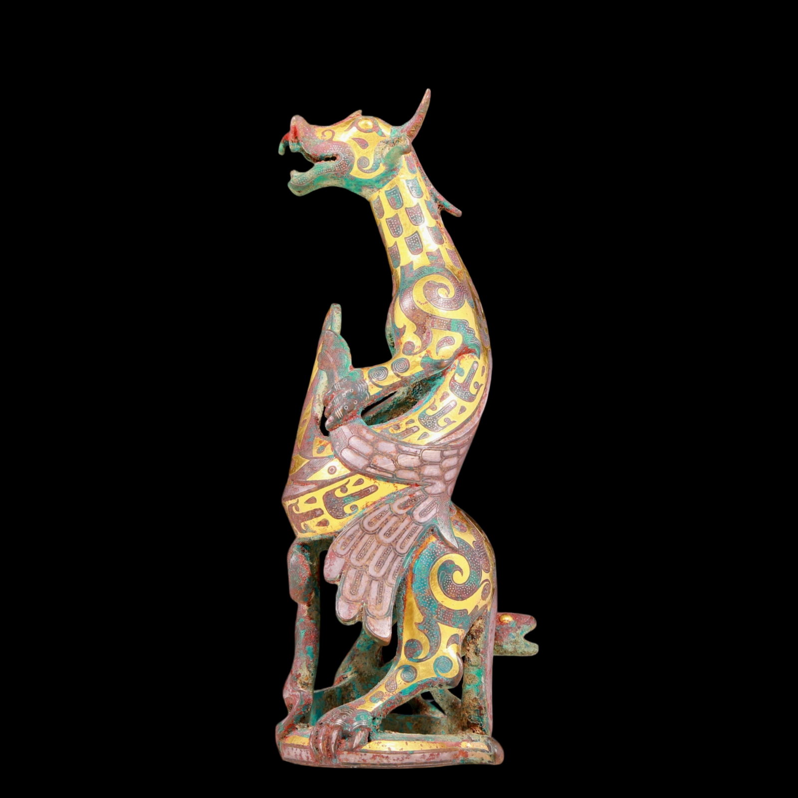 A precious bronze inlaid gold and silver ornament with auspicious animal patterns: A precious bronze inlaid gold and silver ornament with auspicious animal patterns, with inscription, ancient times, Size: 4.3inx9.4in, Weight: 1990g 铜嵌金银瑞兽