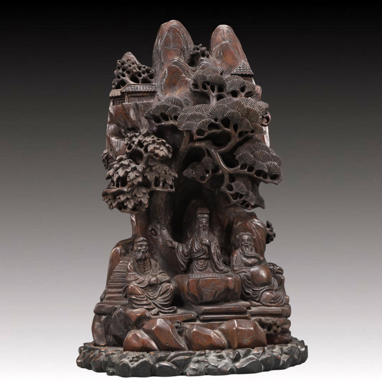 A Precious Sandalwood Landscape and Figure Ornament: A Precious Sandalwood Landscape and Figure Ornament,Qing Dynasty, China,Size:8.7inx6.7inx13.8in Weight:1550g 檀香山水人物摆件,中国清&#