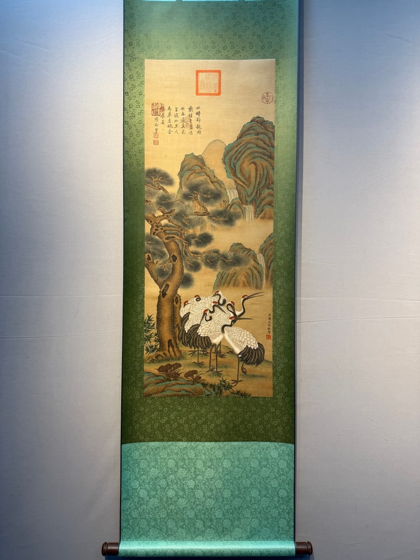 A Chinese Vertical Scroll Ink Painting of Pine and Crane on Silk,Shen Quan: A Chinese Vertical Scroll Ink Painting of Pine and Crane on Silk,Shen Quan,Size:(Without frame)40.6inx11.8in 一幅中国水墨绢本松鹤图