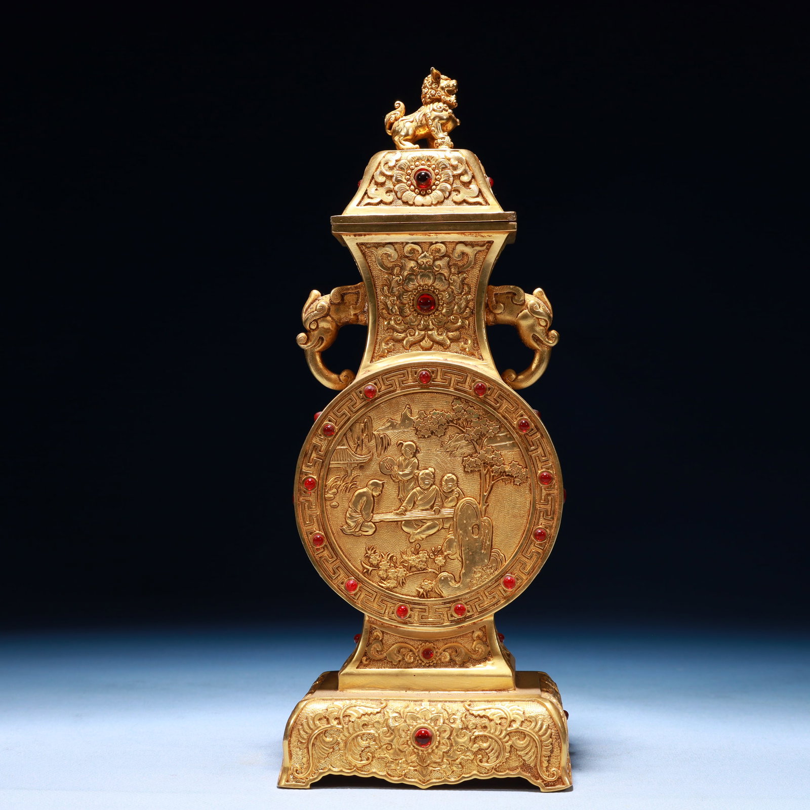 An Exquisite Gilt Bronze Character and Story Pattern Beast-Ears Vase,with Cover,Inlaid Gems: An Exquisite Gilt Bronze Character and Story Pattern Beast-Ears Vase,with Cover,Inlaid Gems,Qing Dynasty,China,Qianlong Four-character Mark,Size:3.9inx3.5inx10.6in,Weight:1400g 铜鎏金