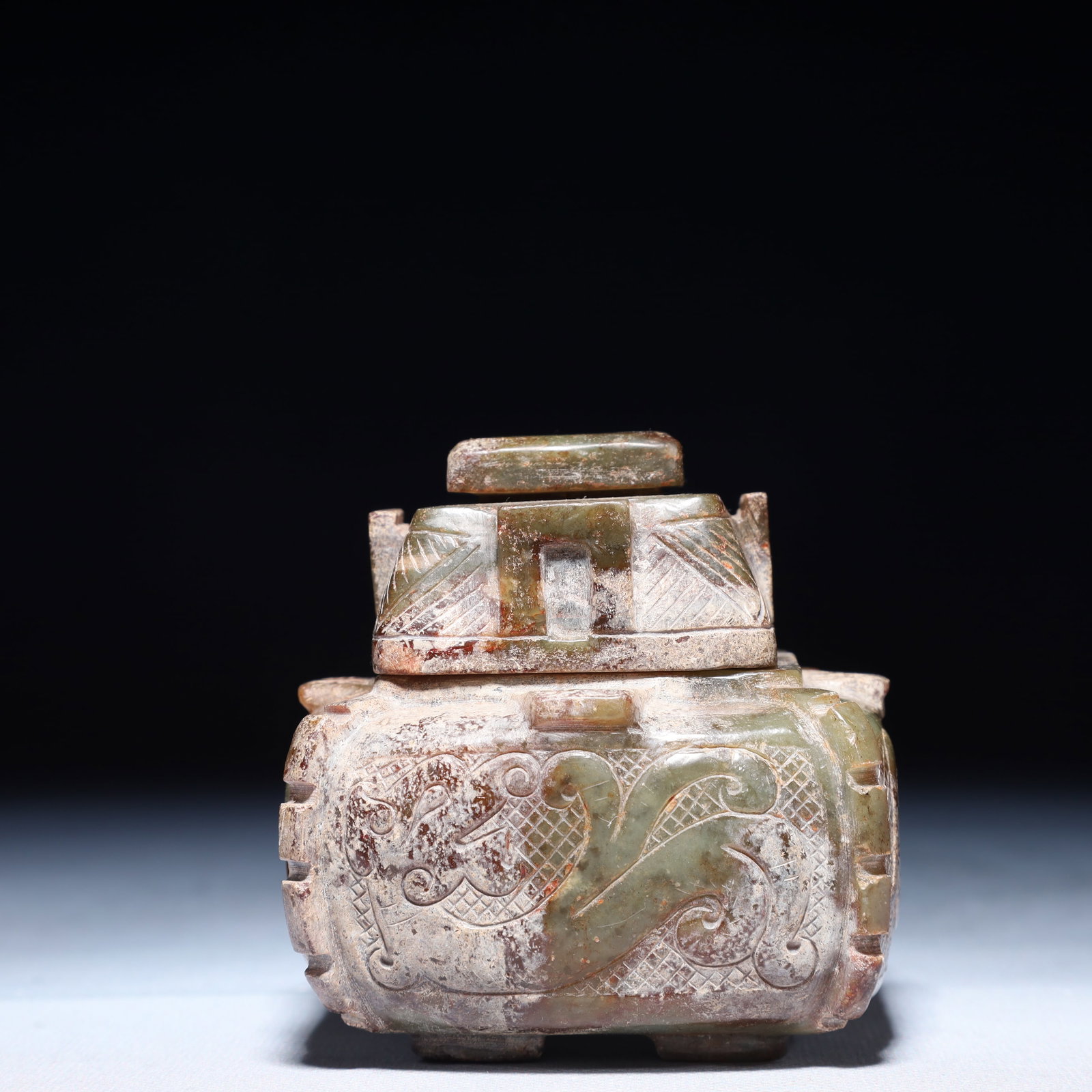 An Exquisite Green Jade Beast-Face Pattern Jar with Cover: An Exquisite Green Jade Beast-Face Pattern Jar with Cover,Qing Dynasty,China,Size:3.1inx3.5in,Weight:500g 青玉兽面纹盖罐,中国清代
