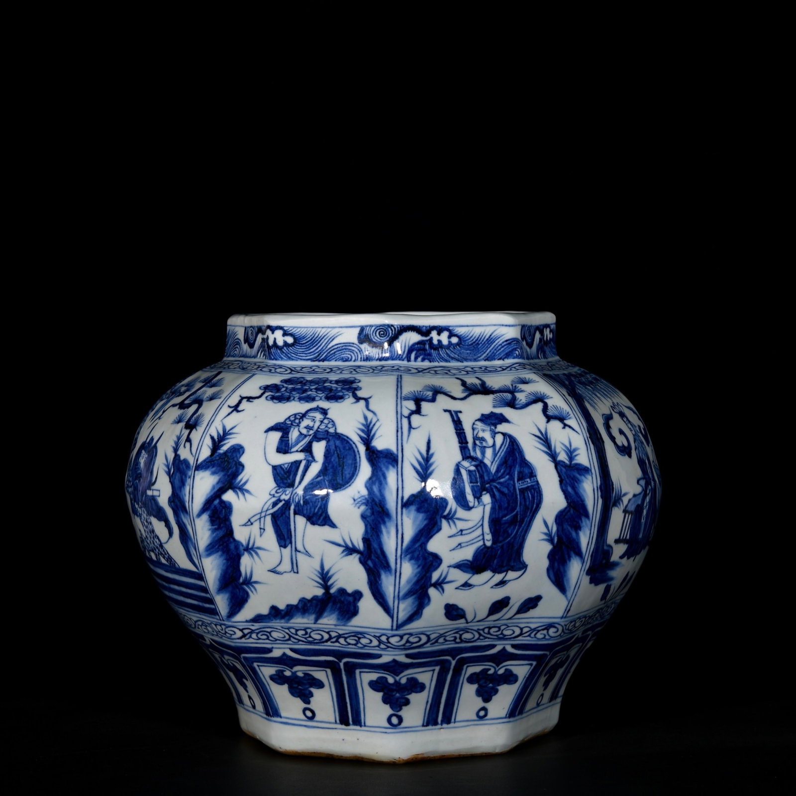 A Rare Blue and White Figure Pattern Jar: A Rare Blue and White Figure Pattern Jar,Yuan Dynasty, China,Size:10.8inx14.2in 青花人物纹罐,中国元代