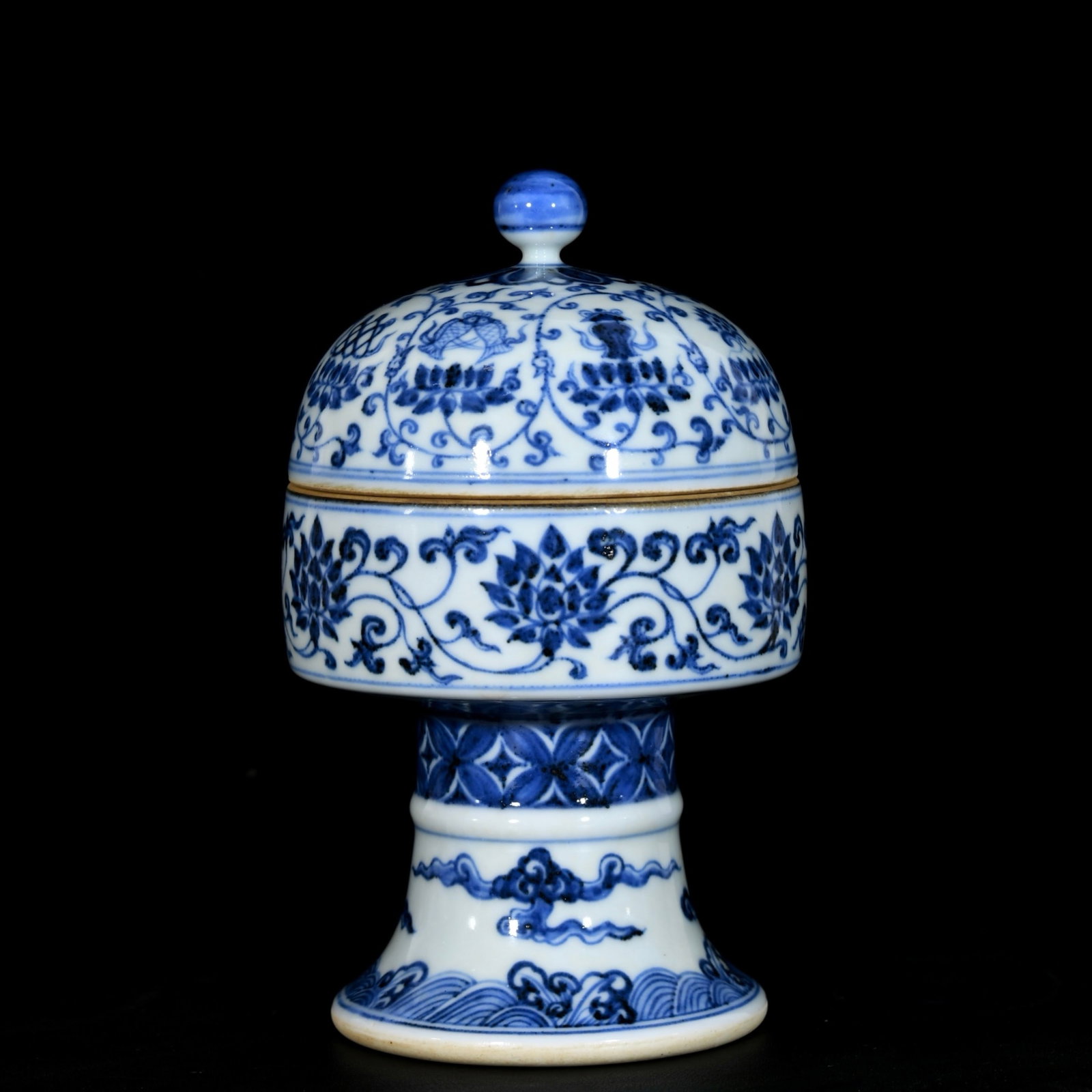 An Exquisite Blue and White Lotus and Eight Treasures Pattern Stem Jar with Cover: An Exquisite Blue and White Lotus and Eight Treasures Pattern Stem Jar with Cover,Ming Dynasty, China,Xuande Six-character Mark,Size:7.3inx4.5in
