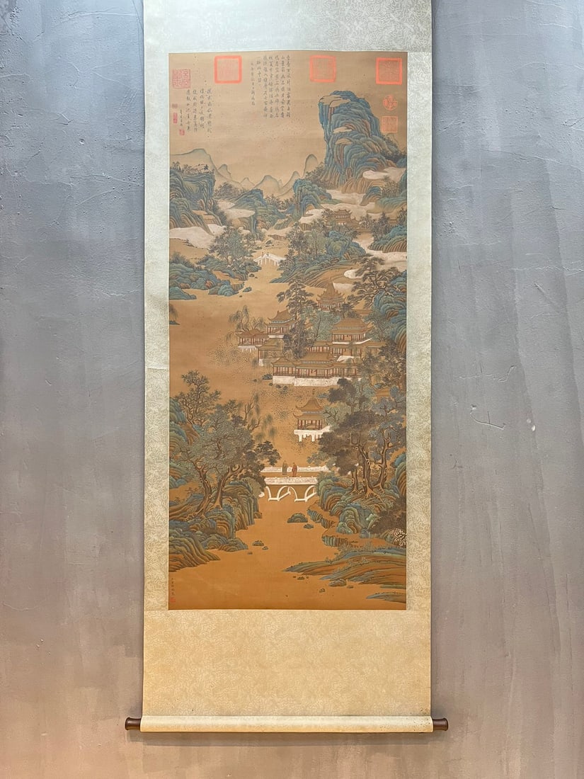 A Chinese Vertical Scroll Ink Painting of Landscape and Figure on Silk,Zhao Boju: A Chinese Vertical Scroll Ink Painting of Landscape and Figure on Silk,Zhao Boju,Size:(Without frame)68.5inx29.5in 一幅中国水墨绢本山水É