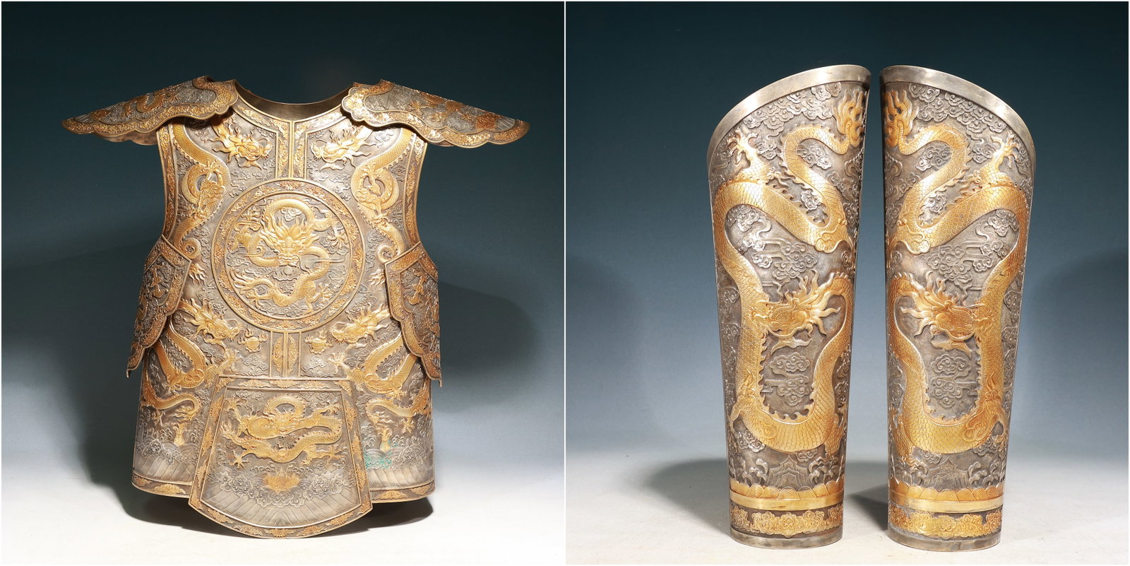 A Set of Huge Silver-Gilt Bronze Auspicious Cloud and Dragon Pattern Ornaments: A Set of Huge Silver-Gilt Bronze Auspicious Cloud and Dragon Pattern Ornaments,Qing Dynasty, China,Size:23.6inx7.1inx21.7in,4.9inx14.6in,Weight:15550g 一套铜鎏金鎏&
