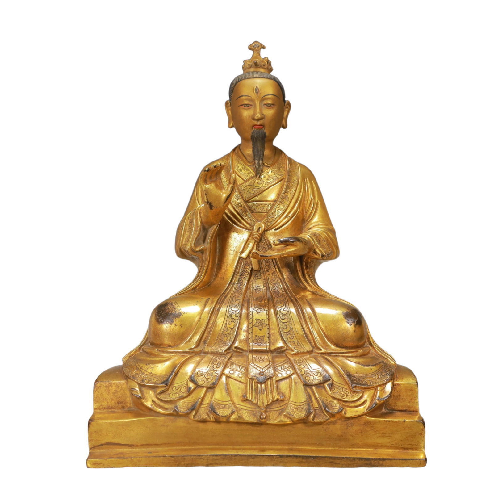 A Solemn Gilt Bronze Statue of Guru: A Solemn Gilt Bronze Statue of Guru,Ming Dynasty, China,Size:9.1inx12.6inx5.9in,Weight:5600g 铜鎏金上师像,中国明代
